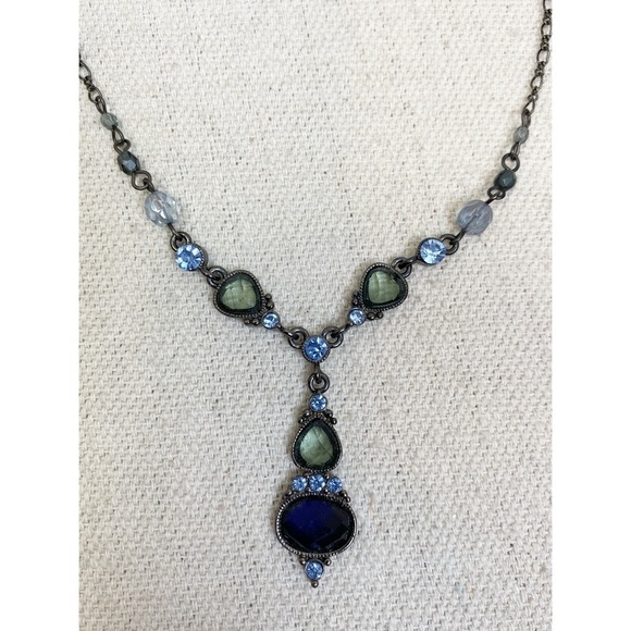1928 Gunmetal Necklace and earring set green blue gem rhinestone y necklace - Picture 5 of 7